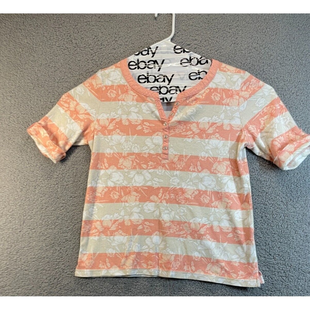 Croft Barrow Size Large Peach Stripe Roll-Tab Henley Short Sleeve Top L